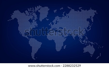 World map with square dot. Аbstract dotted squares world map on dark blue background. Pixels silhouette worldmap. Simple flat wallpaper. Planet with continents for design print. Vector illustration