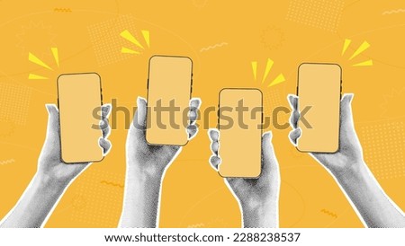 Halftone hands hold smartphones. Vector illustration with hands holding phones with halftone effects for decoration of retro banners and vintage postres. Collection of collage elements.