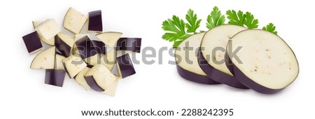 Eggplant or aubergine diced isolated on white background with full depth of field. Top view. Flat lay. Royalty-Free Stock Photo #2288242395