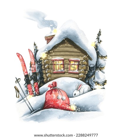 A wooden hut among the snow with a bag for gifts and skis, a hare and fir trees, the house of Santa Claus. Winter, new year, christmas illustration hand drawn in watercolor. For postcards, posters.