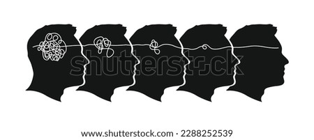 The concept of psychotherapy is represented by the silhouette of a human head, symbolizing a normal state of mind, and the solution to untangling the confused and tangled knot of the brain. Royalty-Free Stock Photo #2288252539