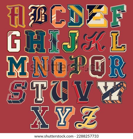 Varsity collegiate athletic letters font alphabet patches vintage vector artwork for sport print and embroidery collection Royalty-Free Stock Photo #2288257733
