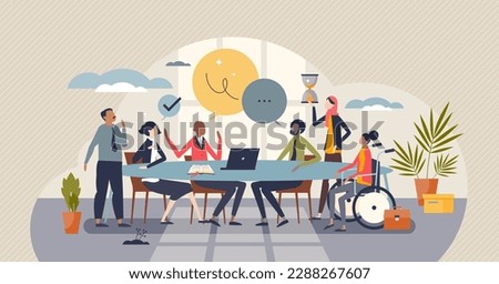 Diversity and inclusion in workplace as team acceptance tiny person concept. Teamwork power with various ethnic, racial and culture groups vector illustration. Business staff employment tolerance. Royalty-Free Stock Photo #2288267607