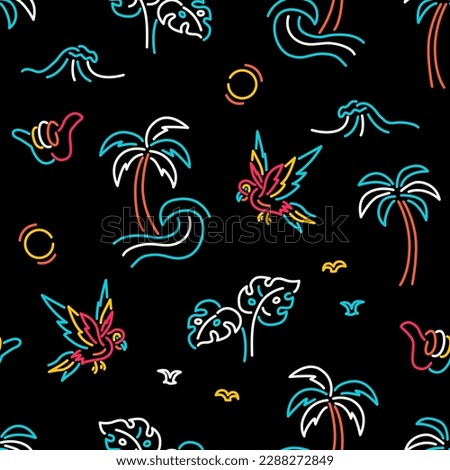 Tropical vector seamless pattern. Repeat pattern with parrots, palm trees, waves and birds.