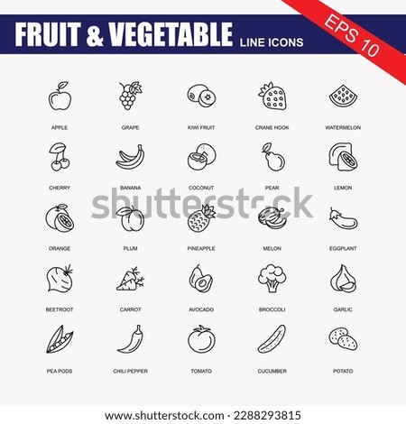 Set of flat fruits and vegetables icons drawing with black lines on grey background Royalty-Free Stock Photo #2288293815
