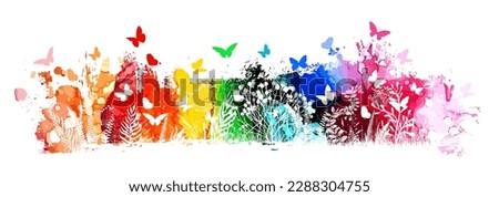Watercolor rainbow abstract with butterflies. Vector illustration
