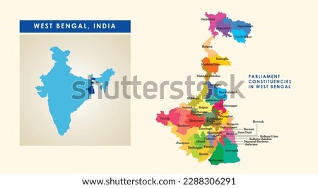 Map of parliament constituencies or Lok Sabha constituencies in the Indian state of West Bengal along with the map of India. Royalty-Free Stock Photo #2288306291