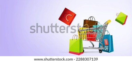Online store concept, shopping cart and dlivery bags