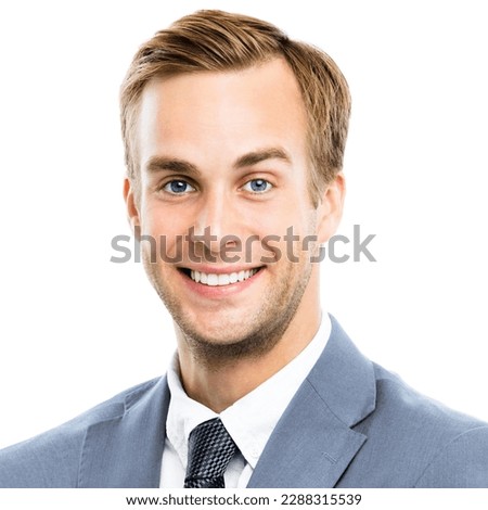 Happy smiling businessman in grey confident suit, isolated over white background, square composition.