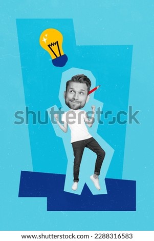 Vertical collage image of excited black white effect guy big head raise fists look drawing light bulb isolated on blue background