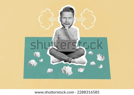 Creative collage picture of black white gamma guy big head contemplate ponder steam ears use netbook crumpled paper isolated on beige background