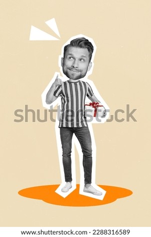 Vertical collage picture of positive black white effect big head guy hold giftbox demonstrate thumb up isolated on beige background