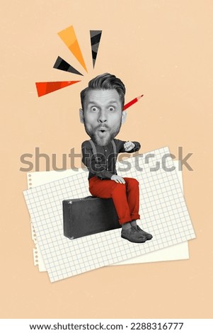 Exclusive magazine picture sketch collage image of funky big head guy waiting airplane departure isolated painting background