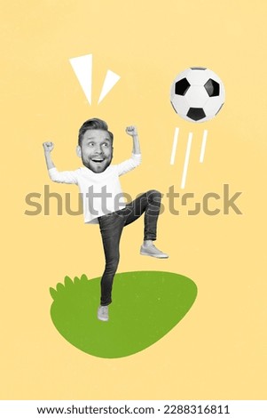 Vertical collage picture of mini black white gamma guy raise fists kick football isolated on beige creative background