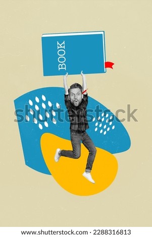 Photo collage artwork minimal picture of excited funky guy rising big book isolated drawing background