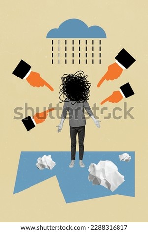Vertical collage picture of arms point fingers mini black white gamma guy mess instead head crumpled paper rain cloud isolated on beige background