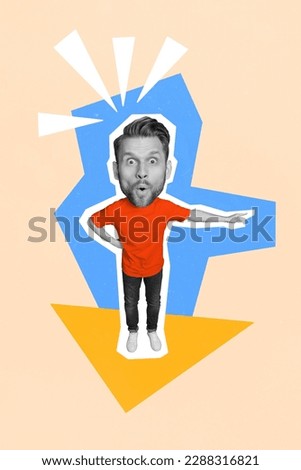 Vertical collage picture of impressed black white effect mini guy big head point finger isolated on creative beige background