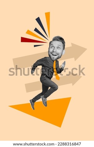 Exclusive magazine picture sketch collage image of excited big head guy running achieving success isolated painting background