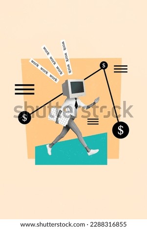 Vertical collage image of black white colors mini person pc display instead head walk work hold papers earn money isolated on beige background