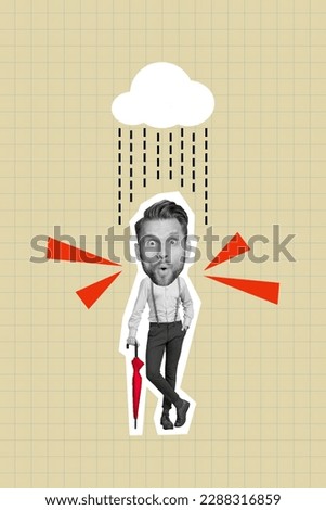 Vertical collage portrait of mini black white effect impressed guy hold umbrella stand under rain cloud isolated on checkered copybook page background