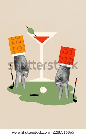 Vertical collage picture of two black white colors arms fingers play golf big martini cocktail glass isolated on creative background