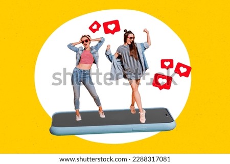 Creative collage image of two mini excited girls dancing huge smart phone display receive like notification isolated on yellow background