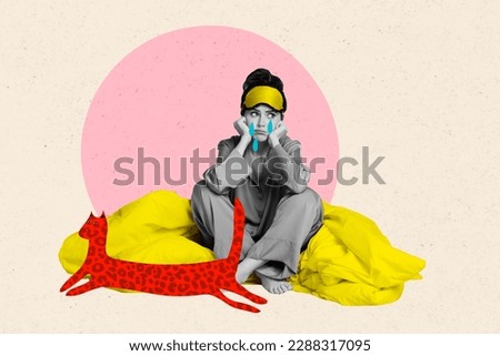Collage portrait of unsatisfied crying black white effect girl sit blanket red painted cat running isolated on creative background