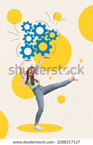 Composite collage photo of young excited funny girl hands hold settings mechanism gearwheels automation job isolated on beige background