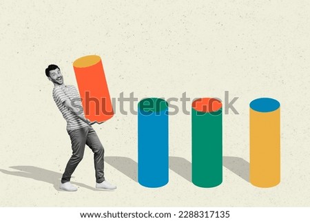 Creative composite template man hold financial system analytics database average statistics charts demand level isolated on painted background