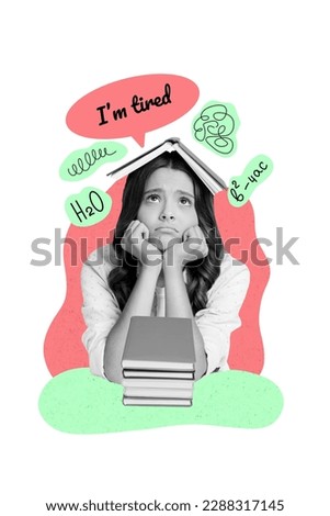 Creative 3d retro image artwork poster collage picture of bored tired girl hand under chin suffering preparing exam painted background