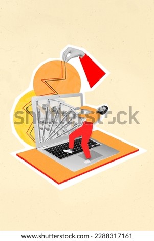 Vertical creative abstract photo collage of happy young person make virtual money income online with laptop isolated on drawing background