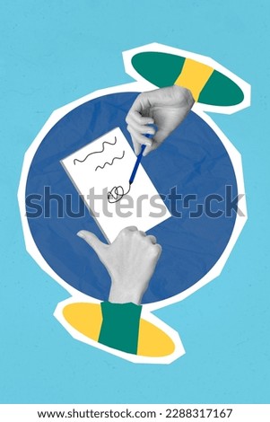 Vertical creative illustration photo collage of two hands business partners make deal signing contract isolated on blue color background