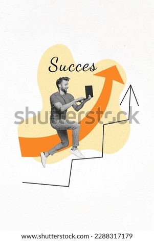 Vertical creative photo collage of happy excited successful guy increase investments hold laptop isolated on white color background