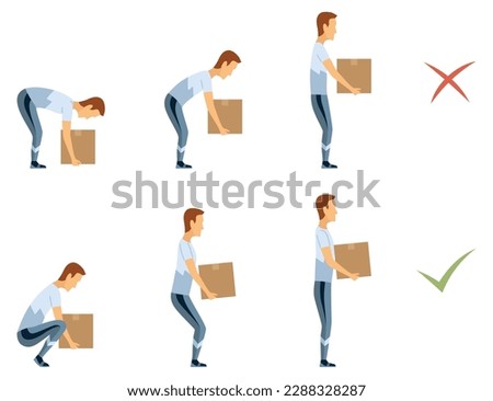 Lifting technique safe movement. Safety. Correct and incorrect instruction for moving heavy packages for workers. Ergonomic movement for loading objects vector flat illustration Royalty-Free Stock Photo #2288328287