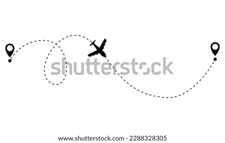 Airplane dotted route line. Path travel line shape. Flight route with start point and dash line trace for plane isolated vector illustration