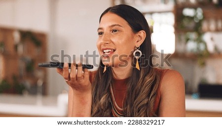 Cafe woman, phone or voice recording in busy coffee shop for social media, communication or planning on memo. Talking, speech or mobile microphone for remote work entrepreneur on technology speaker Royalty-Free Stock Photo #2288329217