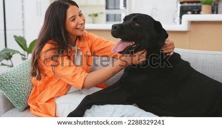 Happy woman relax with her dog on sofa for mental health, wellness or emotional support, love and care. Young person relaxing on living room couch and stroking puppy pet, animal or Labrador retriever Royalty-Free Stock Photo #2288329241