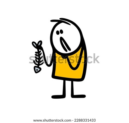 Funny sad stickman character holds fishbone in his hand and wonder who ate it. Vector illustration of cat food and human person.