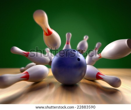 A fun 3d render of a bowling ball crashing into the pins. Extreme perspective, depth of field focus on the ball.