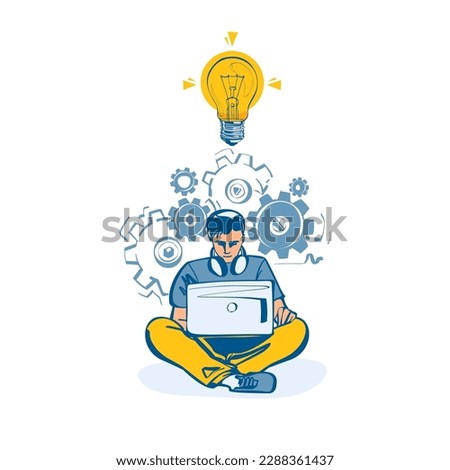 Businessman working behind a laptop comes to good idea. New creative idea. Problem solution metaphor. Vector illustration sketch style. Cartoon comic design. Isolated on background. Thinking processes