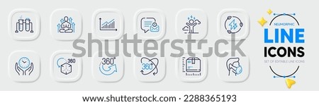 Chemistry beaker, Yoga and Package size line icons for web app. Pack of Full rotation, Green electricity, New message pictogram icons. 360 degrees, Safe time, Difficult stress signs. Vector