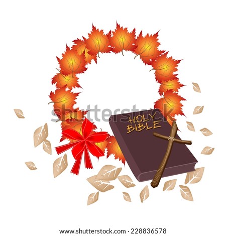Illustration of Brown Covered Bible with Christmas Wreath of Autumn Maple Leaves in Orange Color, Sign for Christmas Celebration. 