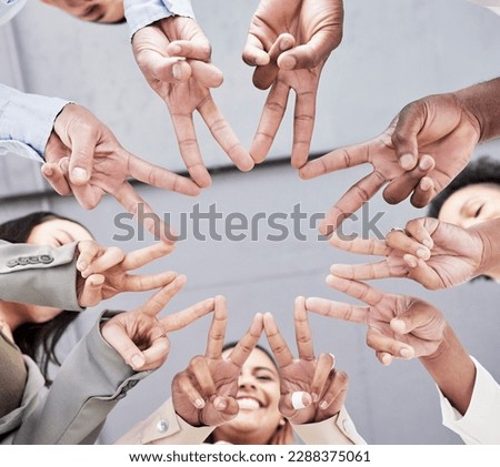 Hands, star and together in low angle for business people with teamwork, motivation and solidarity in office. Women, happiness and peace sign with shape, team building and support for company goals