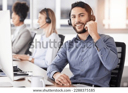 Portrait, call center and customer service with a man consulting using a headset in his support office. CRM, contact us or telemarketing with a male consultant working in an agency for communication Royalty-Free Stock Photo #2288375185