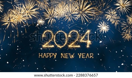 Greeting card Happy New Year 2024. Beautiful holiday web banner or billboard with Golden sparkling text Happy New Year 2024 written sparklers on festive blue background with fireworks Royalty-Free Stock Photo #2288376657