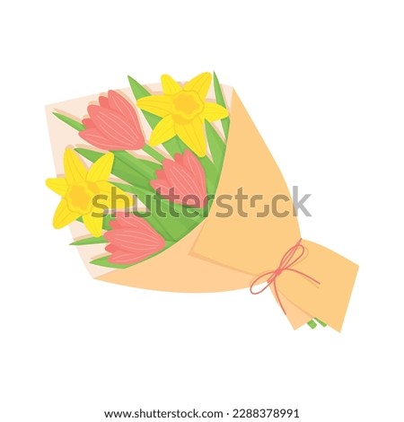 Flower bouquet with yellow daffodil and pink tulip isolated on white background. Vector spring illustration for greeting cards, posters, designs