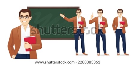 Male young teacher in casual clothes at blackboard with copy space showing something isolated vector illustration Royalty-Free Stock Photo #2288383361
