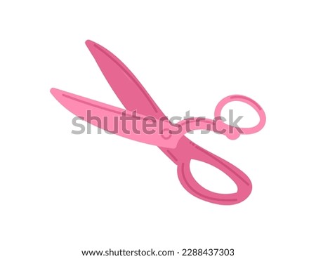 Pink scissors concept. Element for cutting paper and fabric. Atelier or seamstress inventory for production of clothing. Sticker for social networks and messengers. Cartoon flat vector illustration
