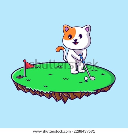 Cute Cat Playing Golf On Grass Cartoon