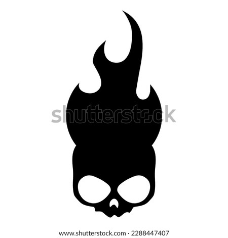 Burning skull on fire, skull icon illustration. Gothic design for prints. Comic style. Sticker for Horror or Halloween. Hand drawing illustration isolated on white background. Vector EPS 10